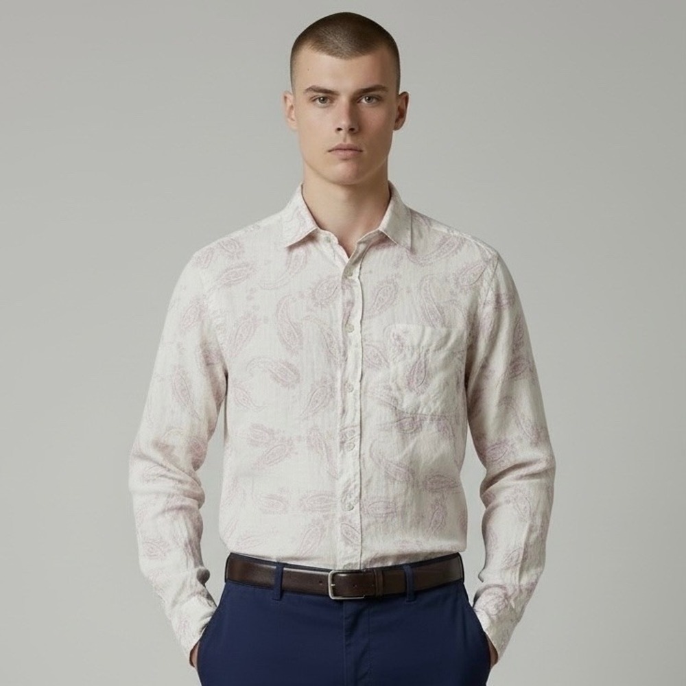 Zegna Sport Shirt Mens Small Linen Button Down Purple White Paisley Long Sleeve